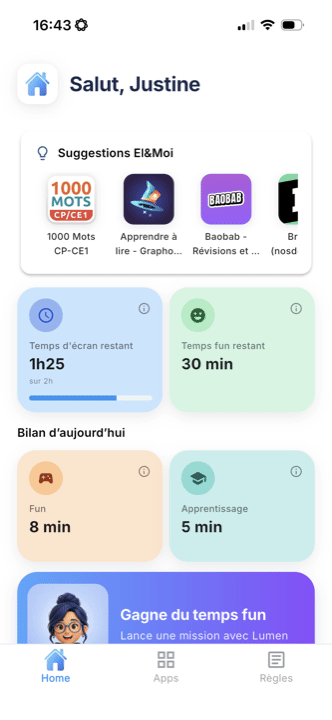 Application enfant El&Moi : compteur de temps d'écran gagné en apprenant