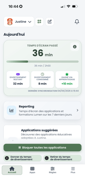 Accès Parent El&Moi : suivi du temps d'écran par application